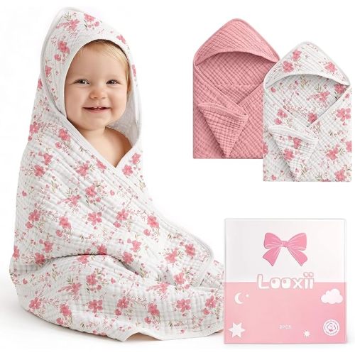 Looxii Baby Bath Towels 2 Pack Muslin Hooded Baby Towels for Newborn and Infants, 100% Cotton, Large 32x32Inch, Soft and Absorbent Pink+Flowers