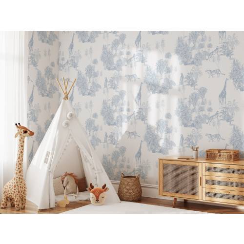 The Minimal Jungle in Blue Wallpaper - KM298 Tropical Palms Animal Giraffe and Cheetah Peel and Stick Wallpaper