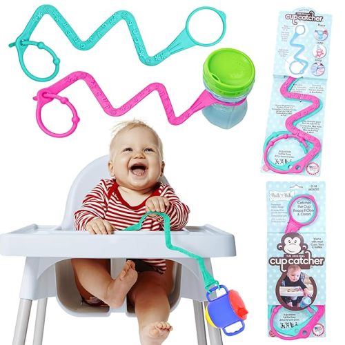 Brilli Baby Cup Catcher Patented Safety Tether Strap, Attach Sippy Cups, Bottles, Pacifiers & More to Stroller, High Chair, Car Seat, Made in USA, Food Grade, Dishwasher Safe, Aqua/Navy