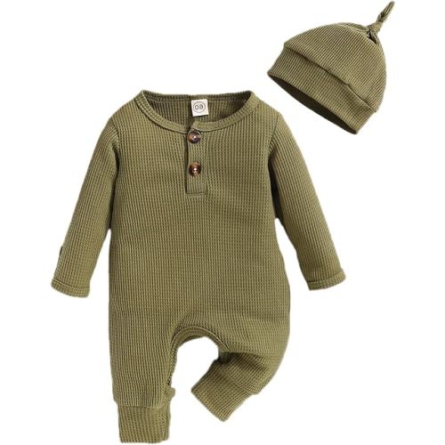 Infant Boys Girls Clothes Set Newborn Baby Romper Hat Ribbed Knit Long Sleeve Button Solid Bodysuit Jumpsuit