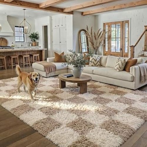 PureCozy Beige 5x8 Area Rugs for Living Room Soft Shag Checkered Large Rug Modern Washable Indoor Office Fuzzy Carpet Non-Slip Fluffy Rugs for Bedroom Nursery Dorm Playroom Home Aesthetic Decor