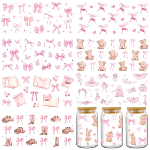 Coquettte Bows UV DTF Decals - 8 Sheets Pink Bow Cherry Uvdtf Cup Wraps for 16 oz Glass Water Bottle, Cute Bear Cowboy Hat Transfer Stickers for Craft Decal Decorate Birthday Gift for Girlfriend