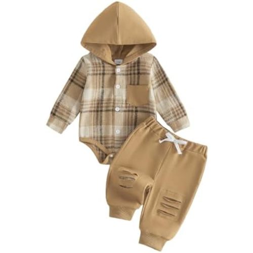 Douhoow Infant Baby Fall Clothes Boy Girl Plaid Hoodie Sweatshirt Romper Flannel Tops+ Sweatpants Festival Outfits