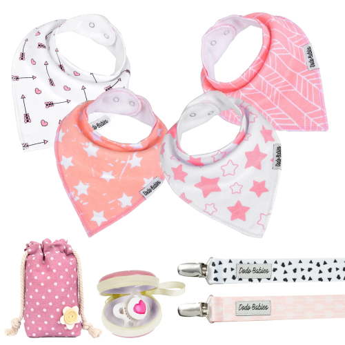 Dodo Babies Bandana Drool Bib Set – Four 100% Cotton Bibs with Soft Polyester Lining, 2 Pacifier Clips, Binky Case, Pink Gift Bag for Baby Girl or Boy Shower – Adjustable Snap Fit for 3-24 Months