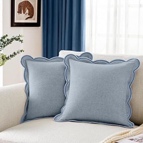 Scalloped Pillow Cover Pack of 2 Spring Chenille Decorative Throw Pillow Covers Cute Boho Couch Pillow Covers Aesthetic Funky Preppy Pillow Cases for Sofa Living Room (Misty Blue, 18x18 Inch)