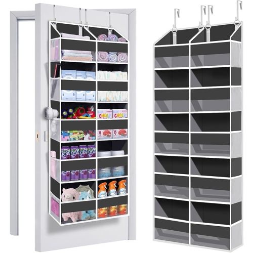 Heavy Duty Over The Door Organizer 5 Tiers, Extra Large Behind Door Storage of 10 Big Front & 10 Mesh Pockets, 80lb Weight Capacity, Hanging Doors Storage Organizer for Closet Bedroom Nursery, Grey