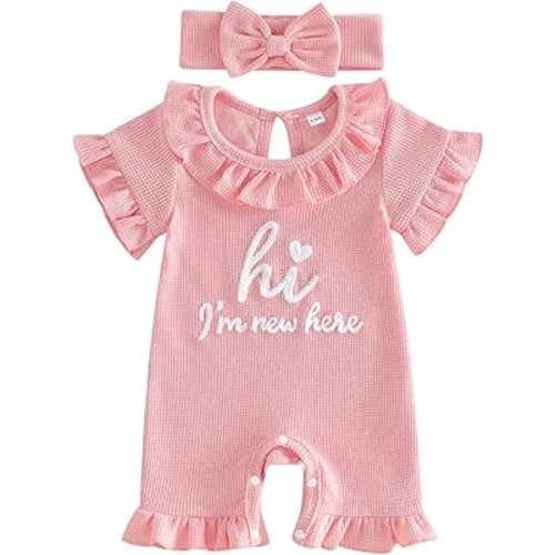 Newborn Baby Girl Summer Outfit Romper Hi I'm New Here Embroidery Ruffle Jumpsuit Infant Waffle Knit Clothes