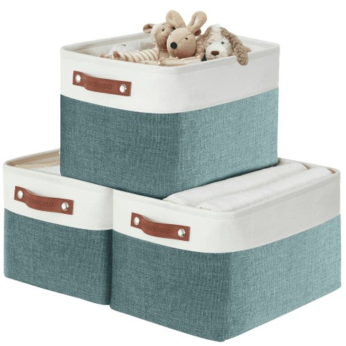 DECOMOMO Large Storage Baskets, Fabric Storage Bins, Baskets and Bins (Green and White, Set of 3)