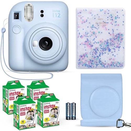 Fujifilm Instax Mini 12 Instant Camera Pastel Blue + Fuji Film Value Pack (40 Sheets) + Shutter Accessories Bundle, Incl. Compatible Carrying Case, Quicksand Beads Photo Album 64 Pockets