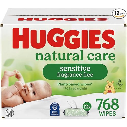 Huggies Natural Care Sensitive Baby Wipes, Unscented, Hypoallergenic, 99% Purified Water, 12 Flip-Top Packs (768 Wipes Total), Packaging May Vary