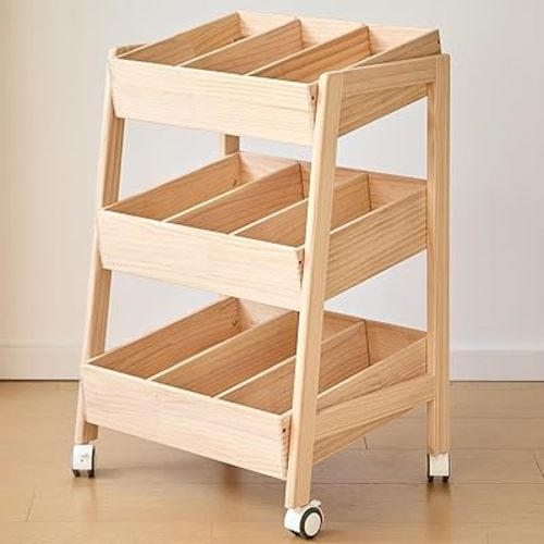 3 Tier Wooden Toy Storage Organizer with Wheels for Toy Book Wood Storage Rack Open Display Shelf Kids Gift Natural