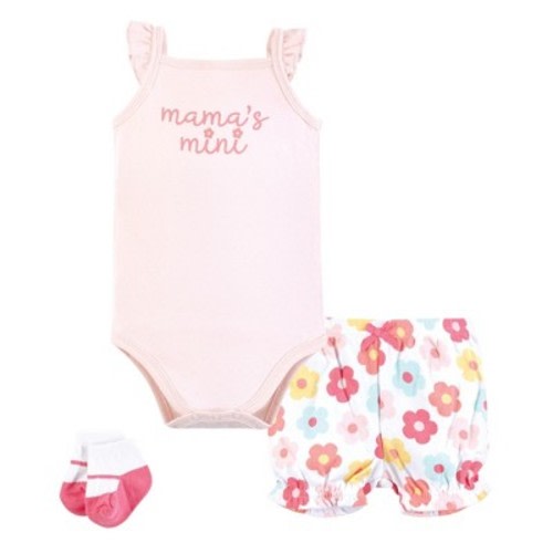 Hudson Baby Infant Girls Bodysuit, Short and Sock, Cheerful Flower Mini, 6-9 Months