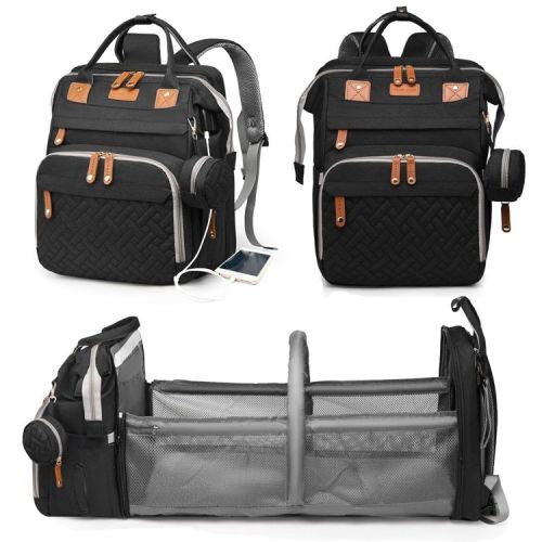 Baby Diaper Bag with Changing Station, Waterproof, Backpack , USB Charging - Black