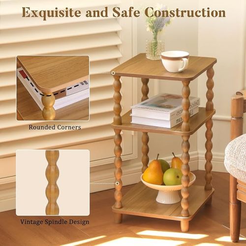 End Table, Small Side Table with 3 Tier Open Shelf, Modern NightStand Accent Table for Small Spaces, Living Room and Office (Caramel Tan)