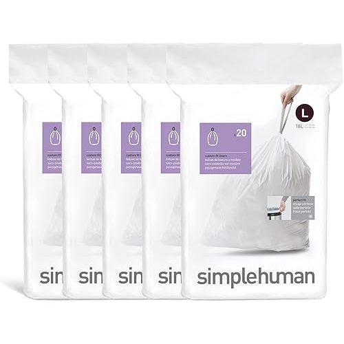 simplehuman Code L 100 Count, Dispenser Pack Custom Fit Liners, Drawstring Trash Bags, 18 Liter / 4.7 Gallon, White