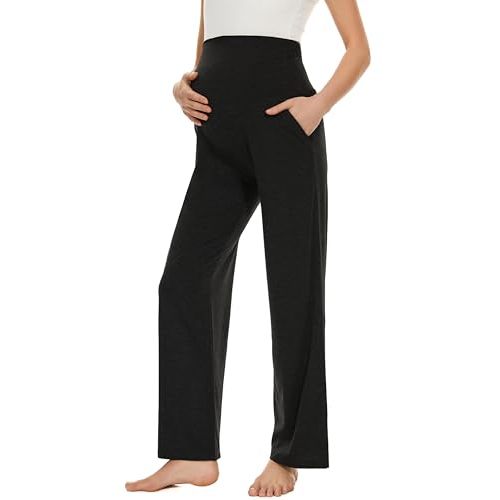 Ecavus Women's Maternity Wide/Straight Versatile Comfy Palazzo Lounge Pants Stretch Pregnancy Trousers with Pockets