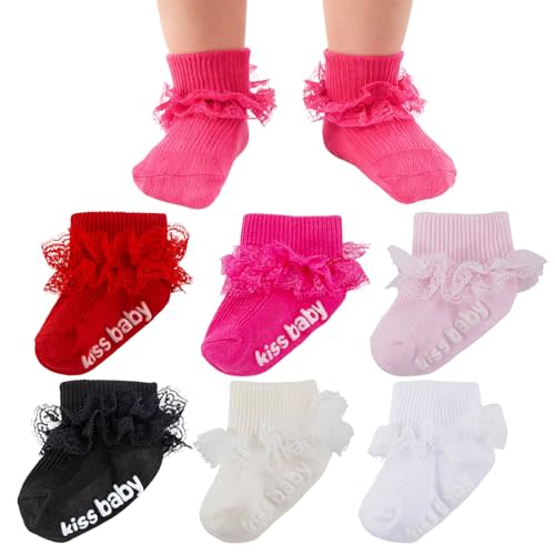 Baby Girl Ruffle Eyelet Double Lace Turn - Cuff Ankle Frilly Socks Soft Cotton Dress Socks for Newborn Infant Toddler