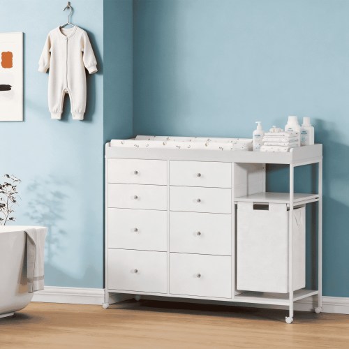 NBEETISM 8-Drawer Changing Table,Infant Diaper Changing Station with Drawers,with Open Shelf & Laundry Hamper,Baby Changing Table Dresser for Nursery, Easy Assembly (White)
