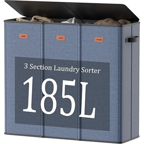 185L Laundry Hamper 3 Section with Lid, Navy Blue 3 Compartment Laundry hamper with 3 Removable Laundry Bags, Large Laundry Basket for Bedroom, Laundry Room, Dorm,