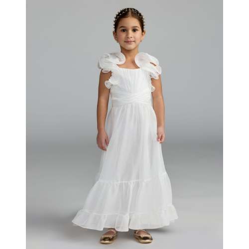 Girls White Chiffon Ruffle Shoulder Long Dress