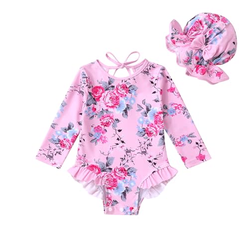 YOUNGER TREE Infant Baby Girls Swimsuit Long Sleeve Swimsuits One Piece Swimsuit Solid Color Bathing Suit with Hat, UPF 50+
