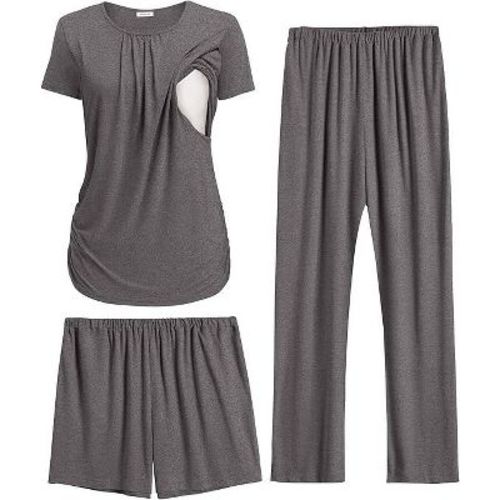 Ekouaer Maternity Nursing Pajamas Set 3 Piece Postpartum Lounge Breastfeeding Pjs Pregnancy Shorts & Pants Dark Gray L