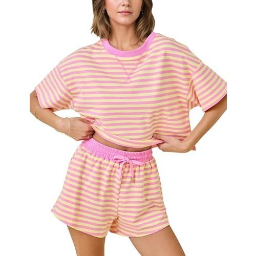 MSBESYOR Striped Set for Women Summer 2 Piece Lounge Sets Casual Pajamas Matching Set Short Sleeve T-Shirt and Shorts Outfits