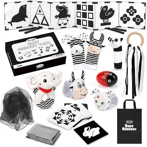 Joyreal High Contrast Baby Toys for Newborn, Black and White Baby Sensory Toys with Car Seat Toys,Infant Toys with Black White Cards Book, Montessori Toys for Baby Gifts