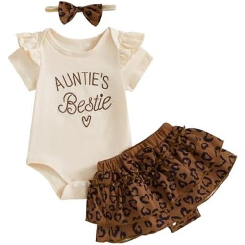 Aunties Bestie Baby Clothes Girl Aunt Saying Letter Ruffle Romper Shirt+Leopard Bloomer Short Headband Summer Outfit