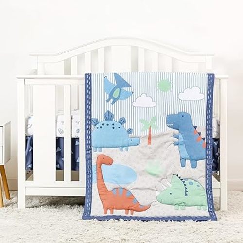 YCDTMY 3 Piece Crib Bedding Set for Boys - Baby Crib Dinosaur Bedding Set with Fitted Crib Sheet, Dust Ruffle Comforter, for Newborn, Infant & Toddler