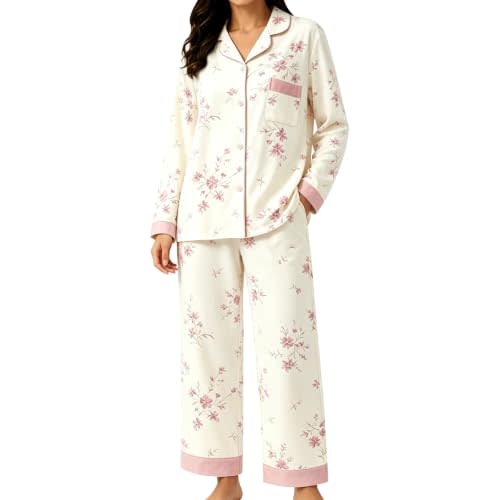 Womens Japanese Pjs Sets Cotton Pajamas 2 Piece Casual Sleepwear 2026 | Pijamas De Mujer De Algodon Japanese Floral Printed Pjs Set Button Down Tops Matching Long Pant Plus Size Loose Lounge House