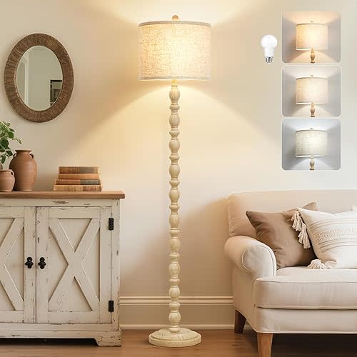 Luvkczc 62" Floor Lamps for Living Room,3 Color Temperature Standing Lamp, Vintage Farmhouse Floor Lamp with Rotary Switch, Rustic Resin Tall Lamps for Living Room, Bedroom, Office, Corner (Cream)