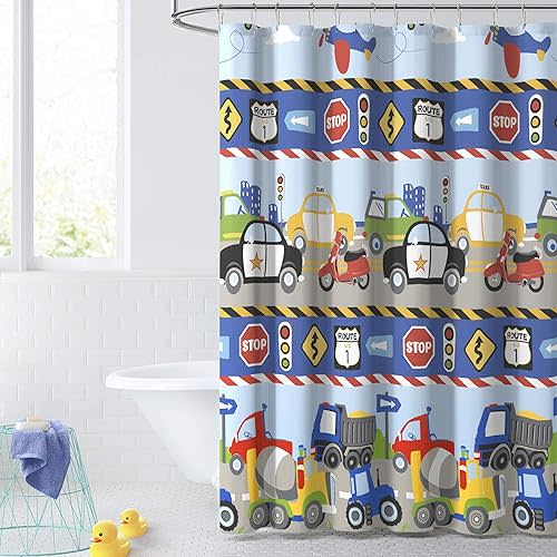 Kids Fabric Shower Curtain for Bathroom, 72W x 72L, Blue Red Trains and Trucks