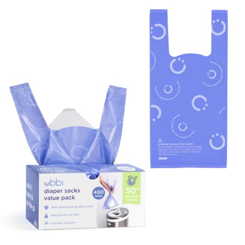 Ubbi Disposable Baby Diaper Sacks, Lavender Scented, 400 Count | Easy-To-Tie Tabs, Made from 50% Recycled Material, Disposable On-The-Go Bags, Diaper Bag and Travel Essential