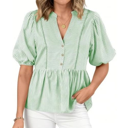 dowerme Womens Summer Tops 2026 Fashion Lantern Short Sleeve V Neck Button Peplum Shirts Spring Stripes Babydoll Blouses