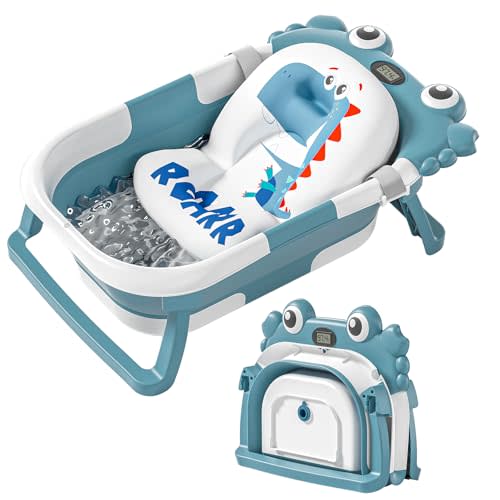 Collapsible Baby Bathtub for Newborns with Thermometer and Soft Floating Cushion Portable and Foldable Travel Baby Girl Bath Tub for Infants to Toddler 0-36 Month (Blue)
