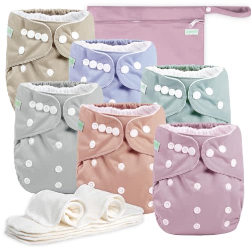 wegreeco Cloth Diapers 6 Pack with 6 Inserts & 1 Wet Bag, Washable Cloth Diapers for Babies, One Size Adjustable Reusable (Dreamy Pink and Purple)
