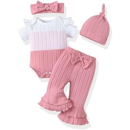 Renotemy Preemie Newborn Baby Girl Clothes Infant Short Sleeve Romper Summer Outfits Gifts for Girls Bell Bottoms Pants Set