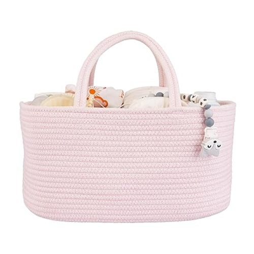 Baby Diaper Caddy Organizer for Girl Boy Rope Nursery Storage Bin Basket Portable Holder Tote Bag for Changing Table Car Travel Baby Shower Gifts Newborn Essentials Registry Must Have Items Pink