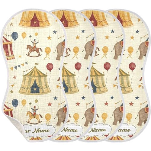 Personalized Retro Circus Tent Elephant 2-Pack Soft Burp Cloth Custom Name | Customized Name Absorbent Cotton Spit Up Rags, Travel Friendly Diaper Bag Essentials, Cute Newborn Gift for Infants