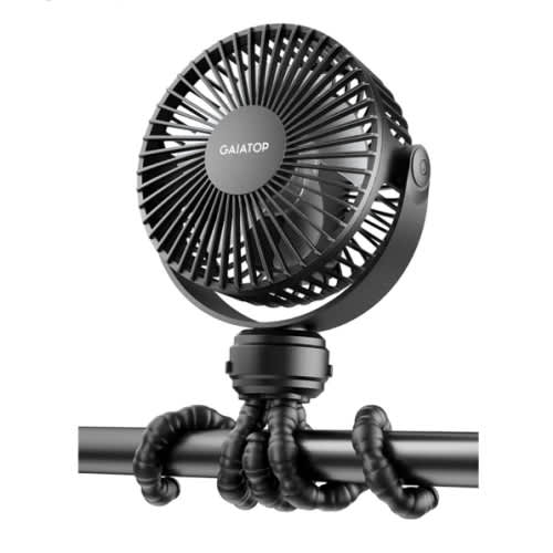 Gaiatop Mini Portable Stroller Fan, Battery Operated Small Clip on, Detachable 3 Speed Rechargeable, 360° Rotate Flexible Tripod Better Cooling for Car Seat Crib Treadmill Travel Black