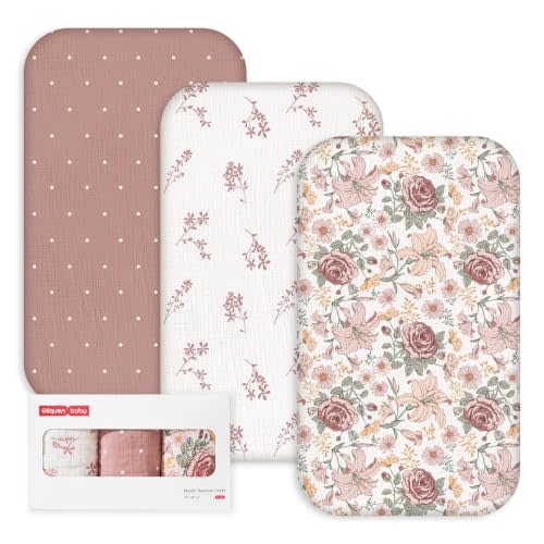 Gllquen Baby 3-Pack Muslin Cotton Bassinet Sheets, 33"x20" Bedside Sleeper | Compatible with Baby Delight, Newton, Dream on Me Rectangle Bassinet Mattress,Oeko-TEX Fitted Crib Sheets Vintage Flower Girl