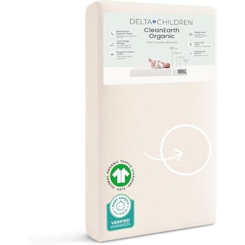 Delta Children CleanEarth Certified Organic Crib and Toddler Mattress – GOTS Certified, Non-Toxic Breathable Baby Mattress - Regulates Temperature, 10-Year Warranty