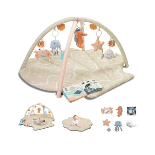 Baby Play Mat, Oversize Shell Tummy Time Mat with 6 Detachable Baby Activity Toys, Baby Gyms & Playmats for Babies 0-6 Months, Baby Essentials Mat for Floor Newborn Baby Shower Gifts (Beige)