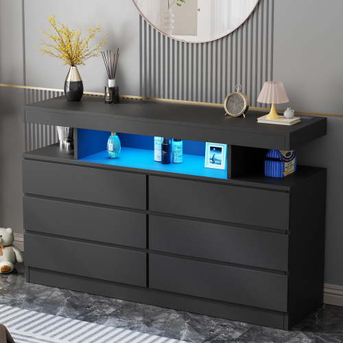 BEWISHOME Black 6-Drawer Dresser with LED Lights & Charging Station – Modern Wood Storage Cabinet with Open Shelge Cabinet with Open Shelf, USB Ports & Outlets – 47.24" Bedroom & Living Room TV Stand