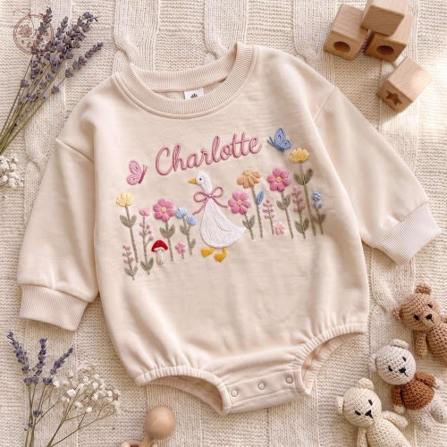 EMBROIDERED Cute Little Wildflower Baby Romper, Custom Name Boho Goose Baby Newborn Outfit, Coming Home Baby Shower Gift, Baby Keepsake Gift