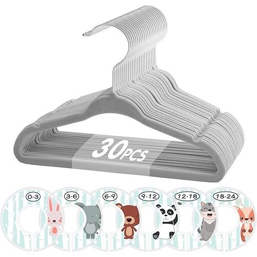 VIS'V Baby Hangers, 11 Inch Velvet Kids Hangers with 6 Pcs Clothes Size Dividers, Infant Toddler Nursery Closet Organization, Non Slip, Gray, 30 Pcs