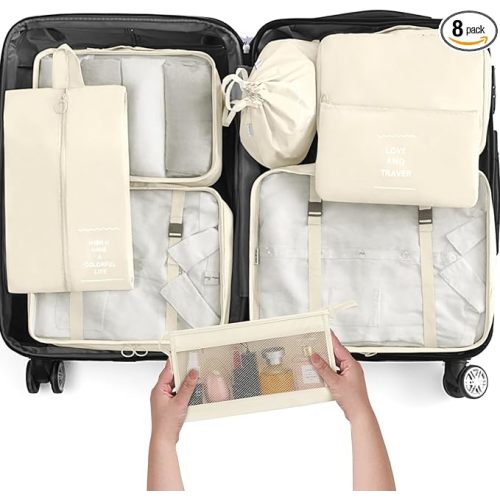 KPX 8 Set Packing Cubes for Travel, Luggage Packing Organizers Accessories Large Toiletries Bag for Clothes Shoes Cosmetics (Beige)