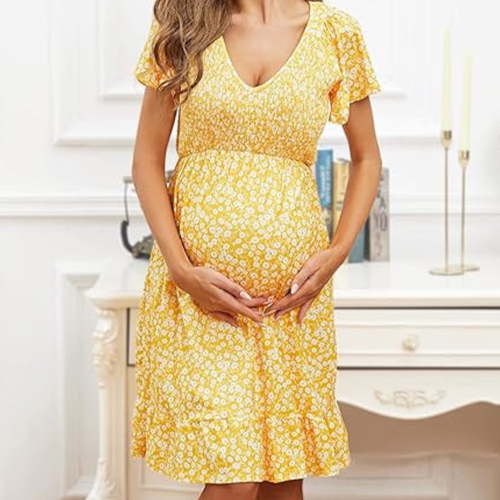Lutiedan Womens Maternity Short Sleeve Ruffle Dress V Neck Summer Casual Midi Dress Loose Fit Smocked Flowy Dress for Baby Shower Photoshoot