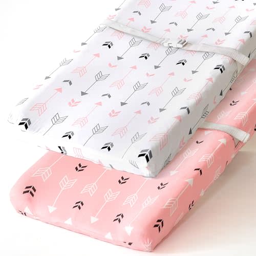 Stretchy Changing Pad Covers BROLEX 2 Pack Jersey Knit Changing Table Covers for Girls Boys,Pink & White Arrow
